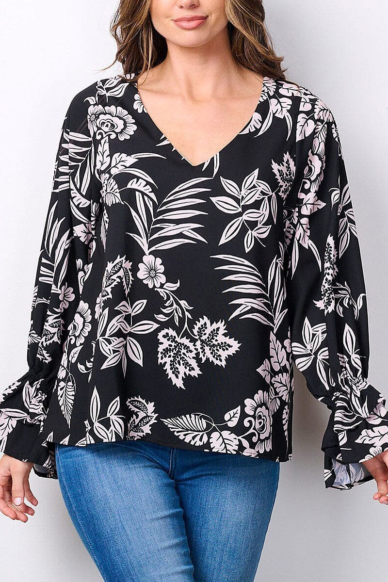 Long smock sleeves v-neck floral tunic blouse top (EFWT7482)