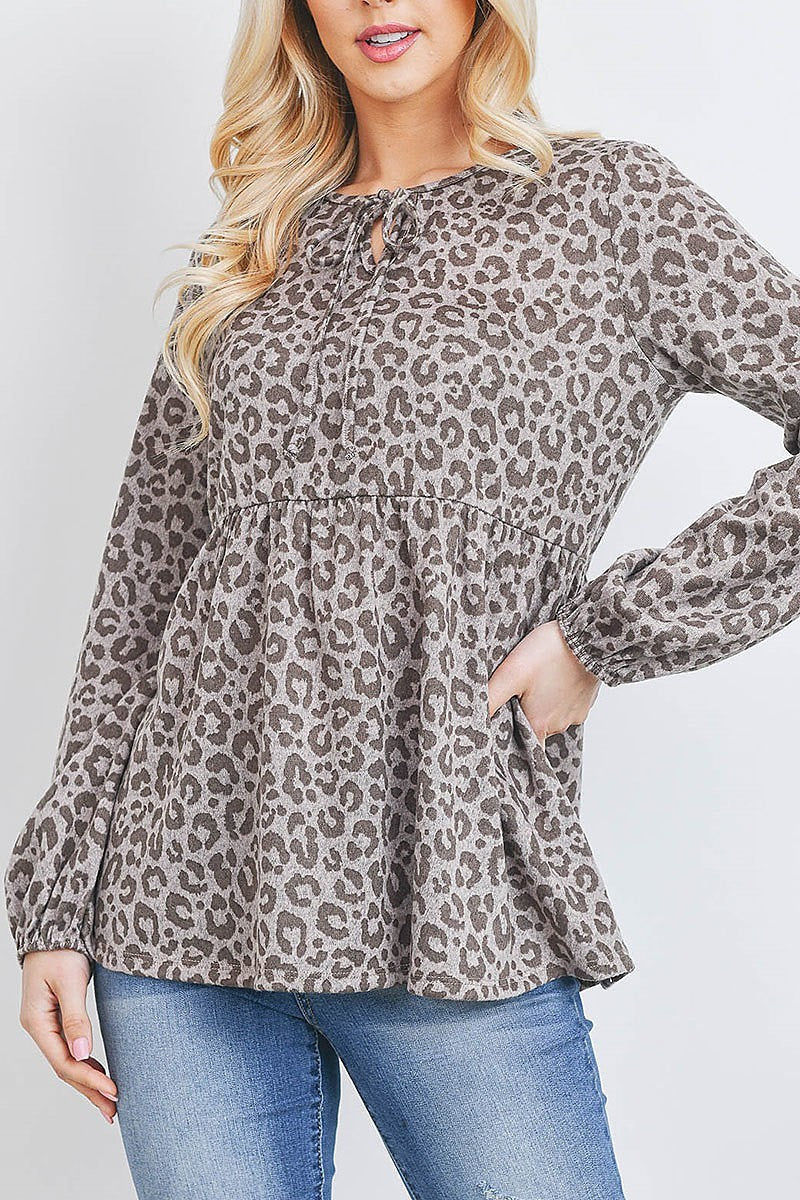 Keyhole ribbon detail neckline leopard top (EF2819)