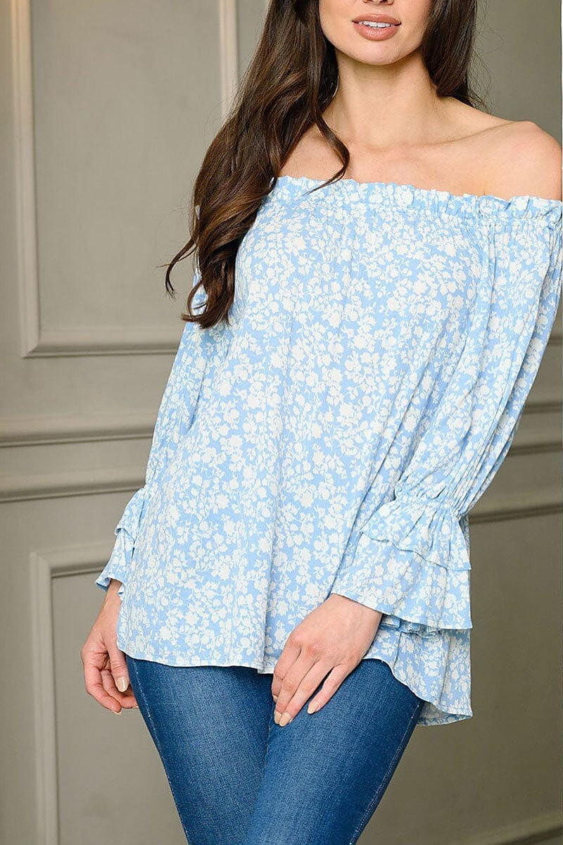 Long puff sleeve off shoulder floral tunic top (EDWT9072)