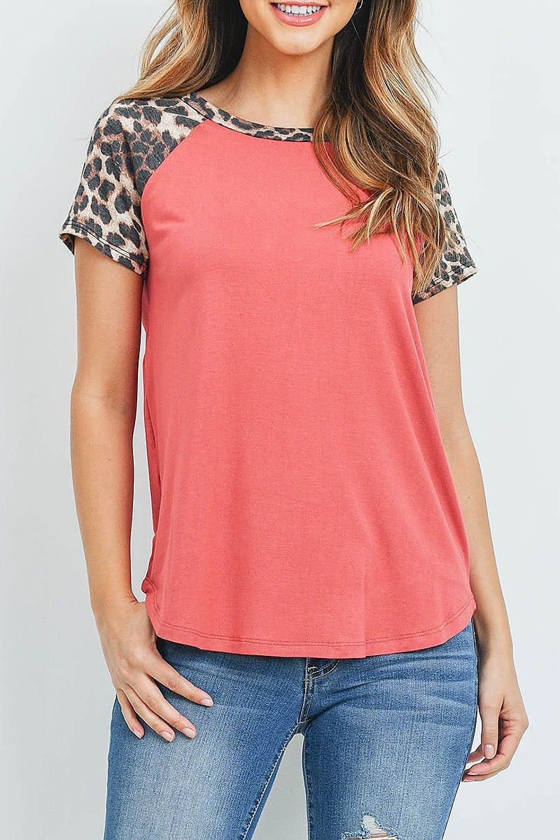 Leopard sleeve and neckband solid rib top (ED8828)