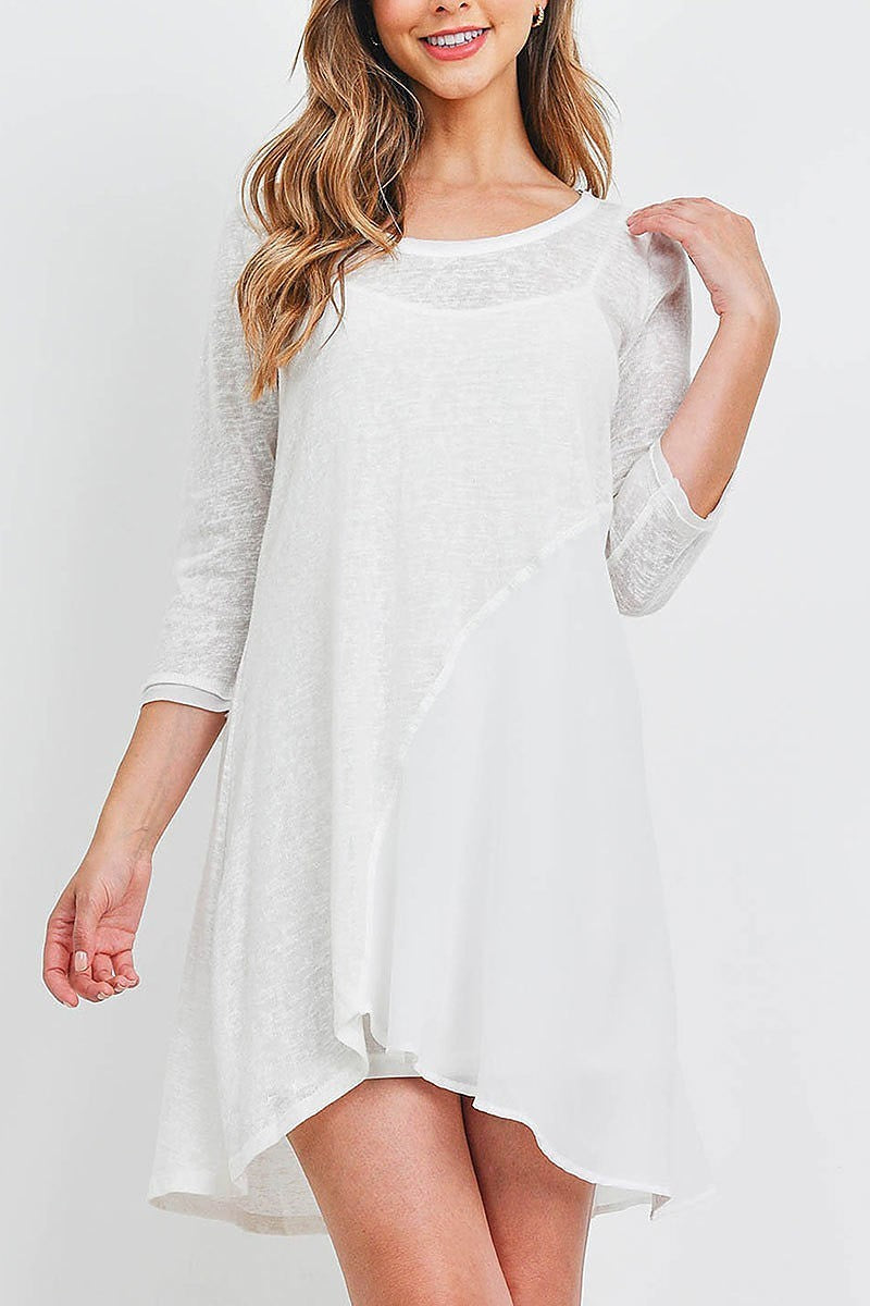 Mix fabric asymmetrical hem tunic dress (DED6419-1)