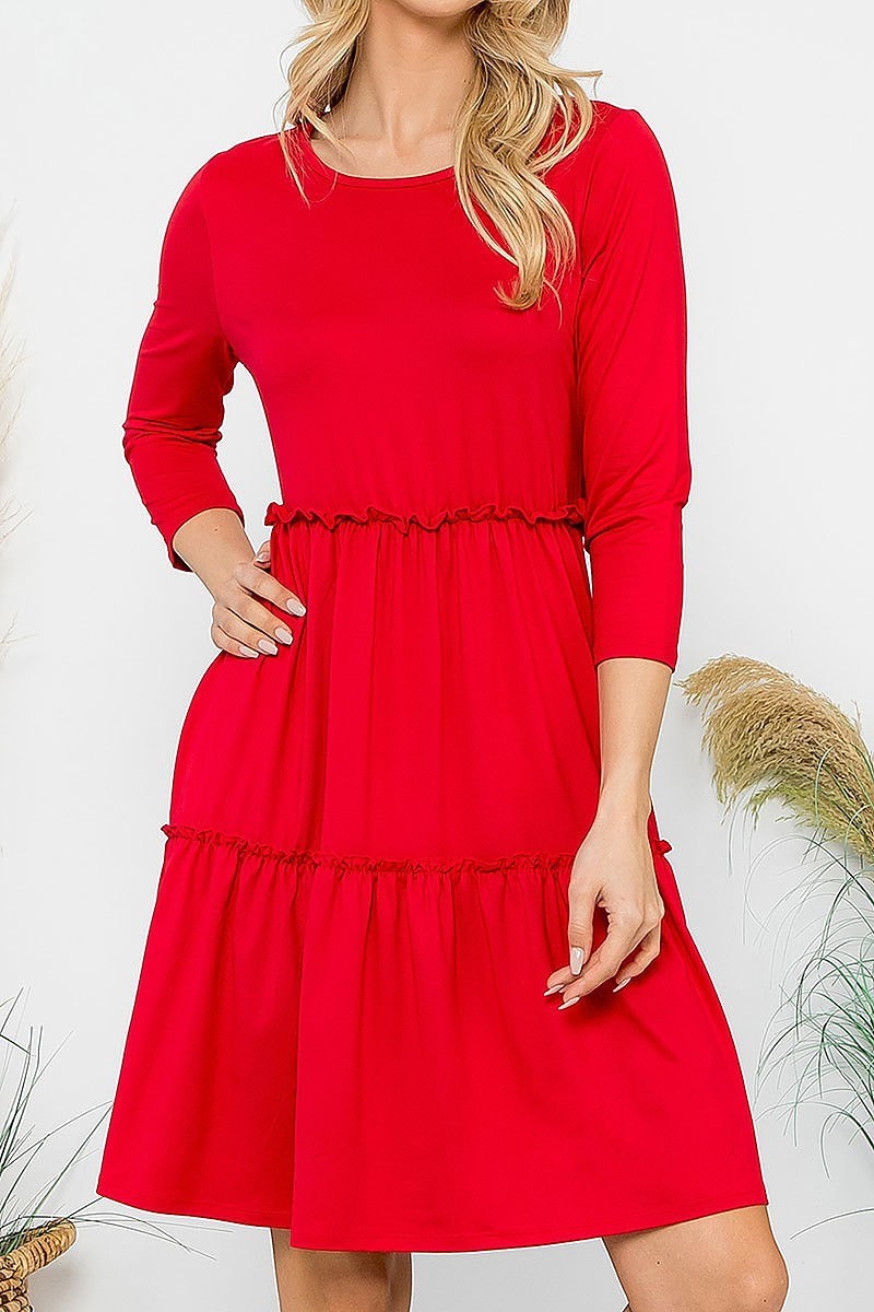 Solid 3/4 sleeve merrow detail flare dress (DED8854)