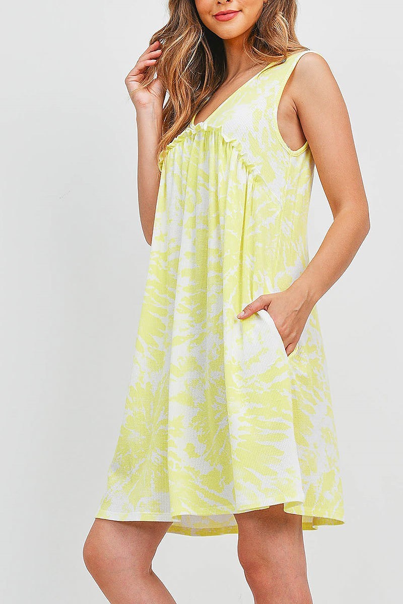 V neck ruffle detail rib tie dye pocket dress (DED6698)