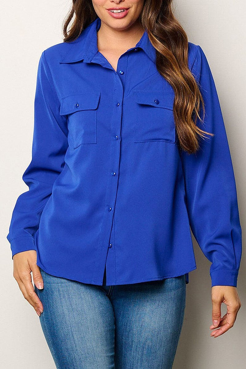 Long sleeve button up front pockets blouse top (EFWT8045)