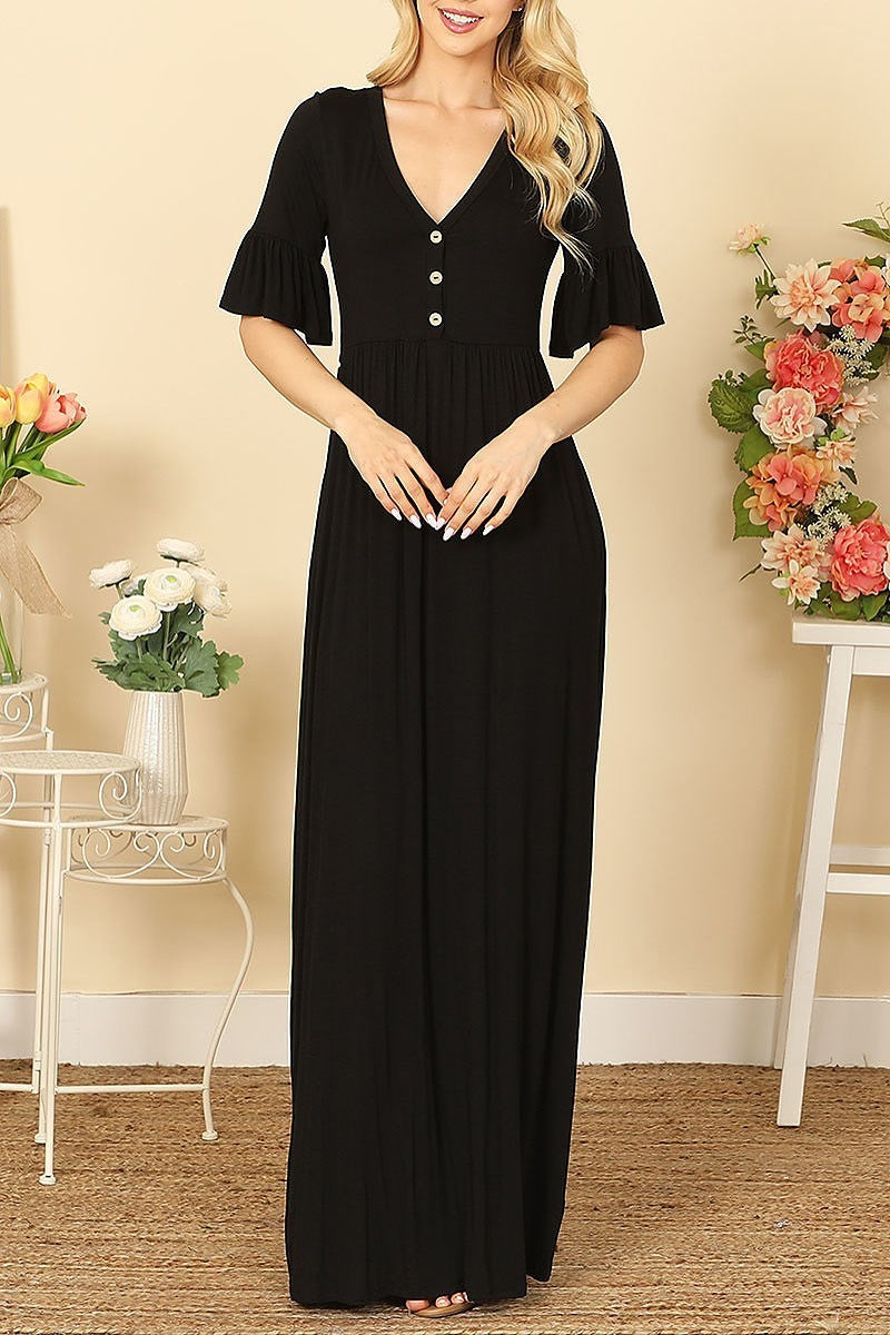 V-neck button detail side pocket solid maxi dress (DED9441)