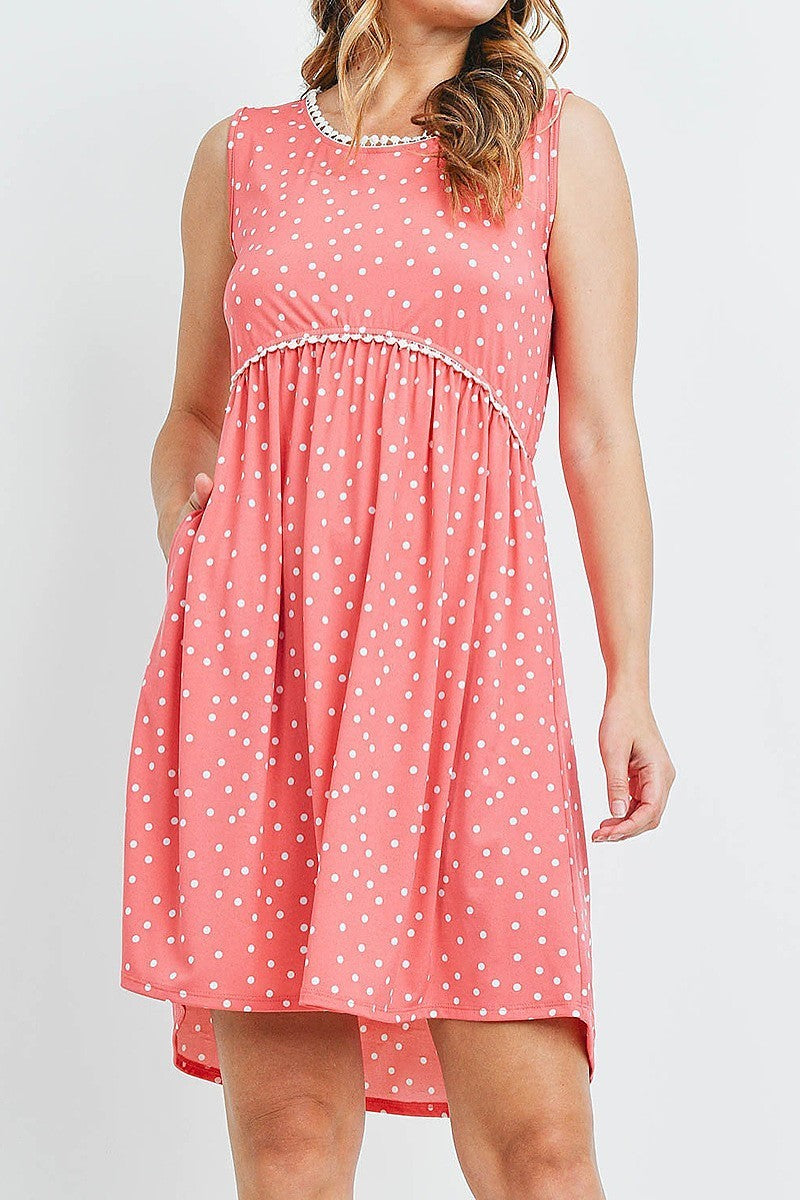 Polka dot sleeveless pompom detail neckline cinch waist baby doll dress with pockets (DED6176-3)