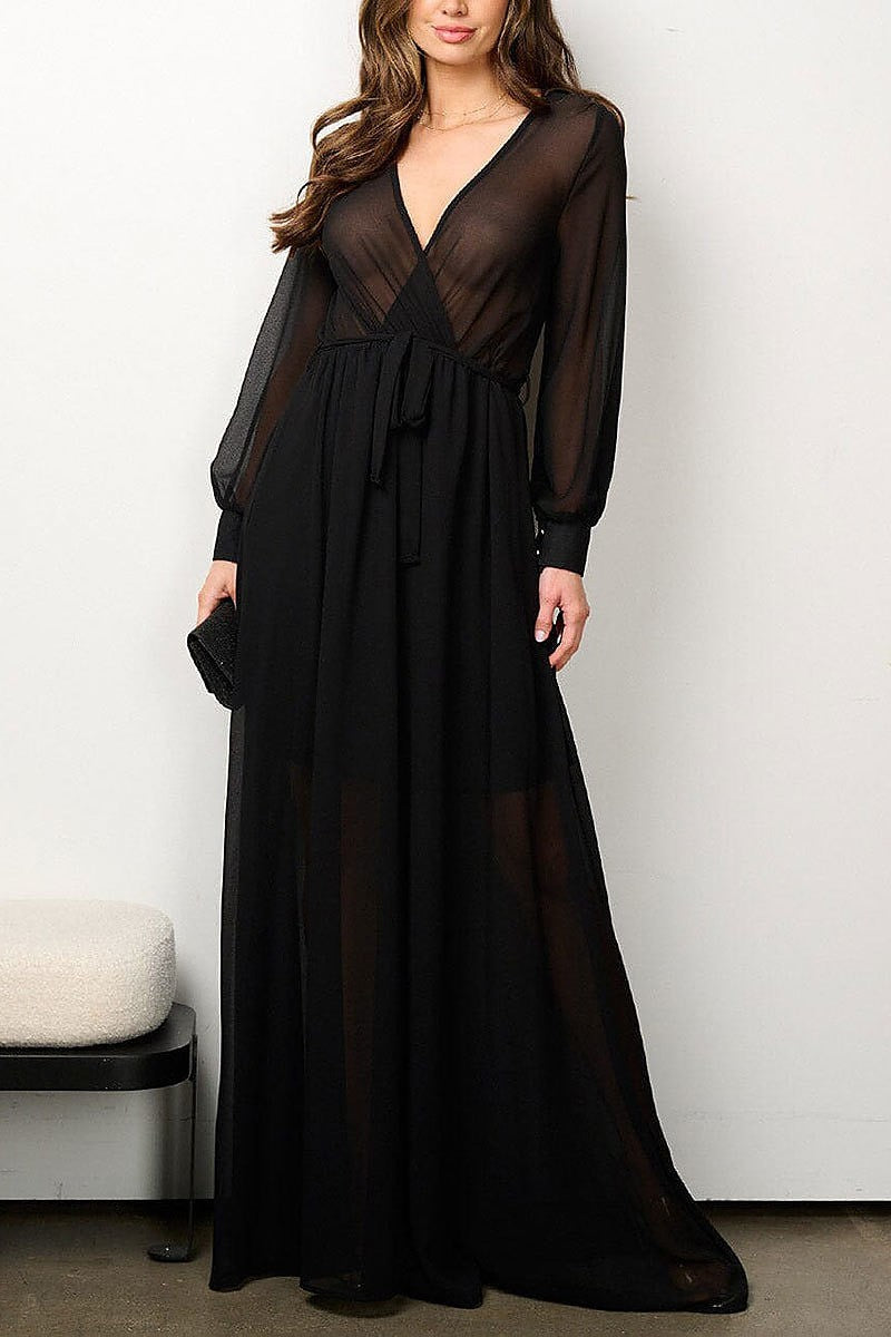 Long sleeve elastic waist surplice mesh maxi dress (EFWT6916)