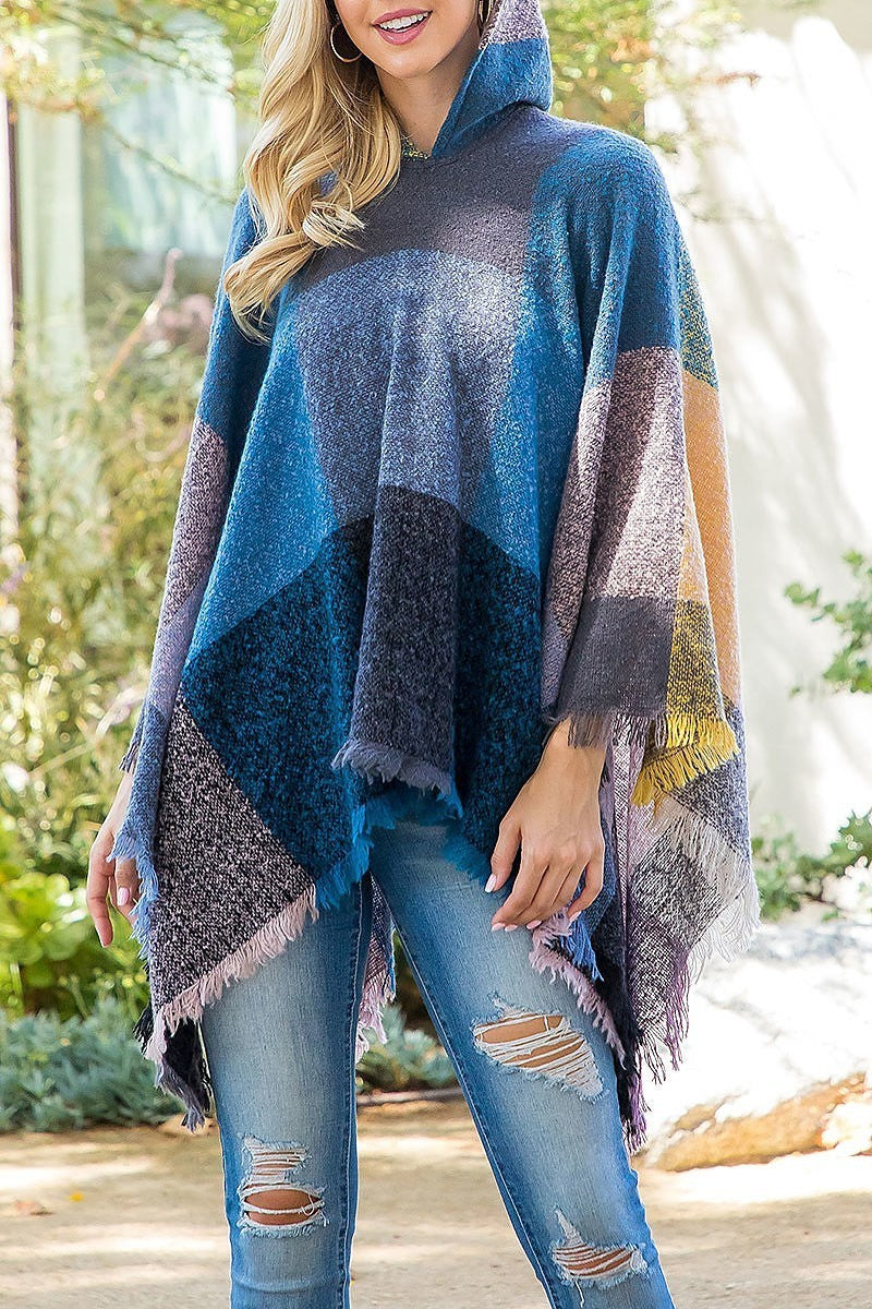 Square multicolor warmer knitted hooded poncho (DGS5851)