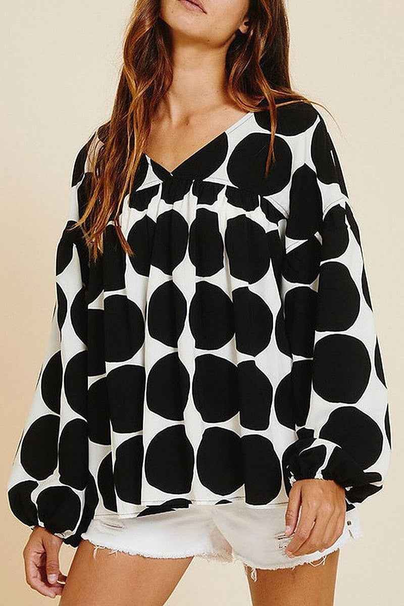 Long sleeve v-neck tunic printed blouse top (EFWT7124)