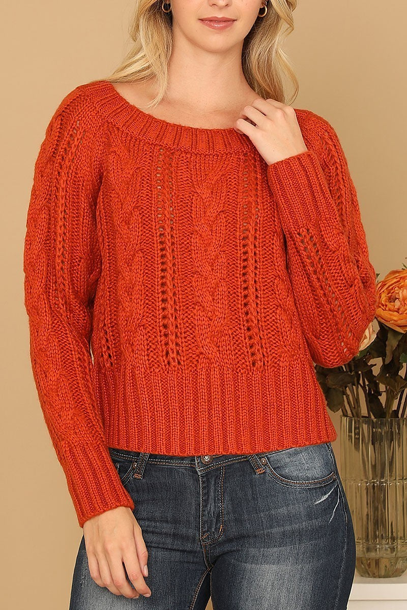 Chunky cable knit off shoulder crop sweater (DGS6722)