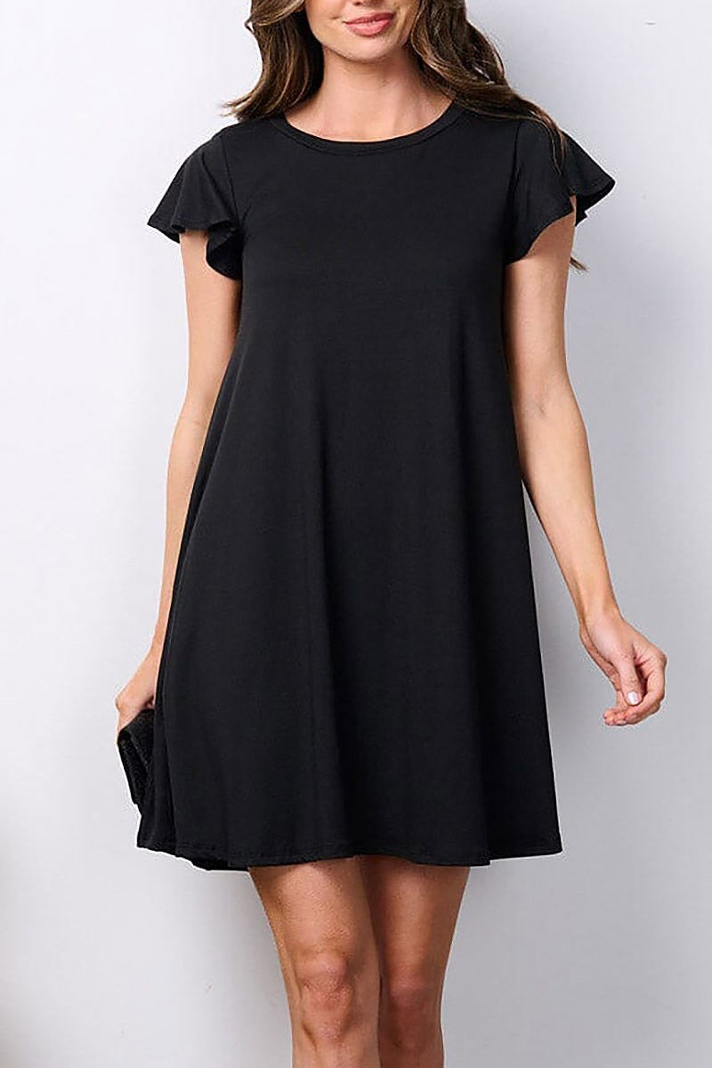 Short ruffle sleeve pockets tunic mini dress (EFWT7580)