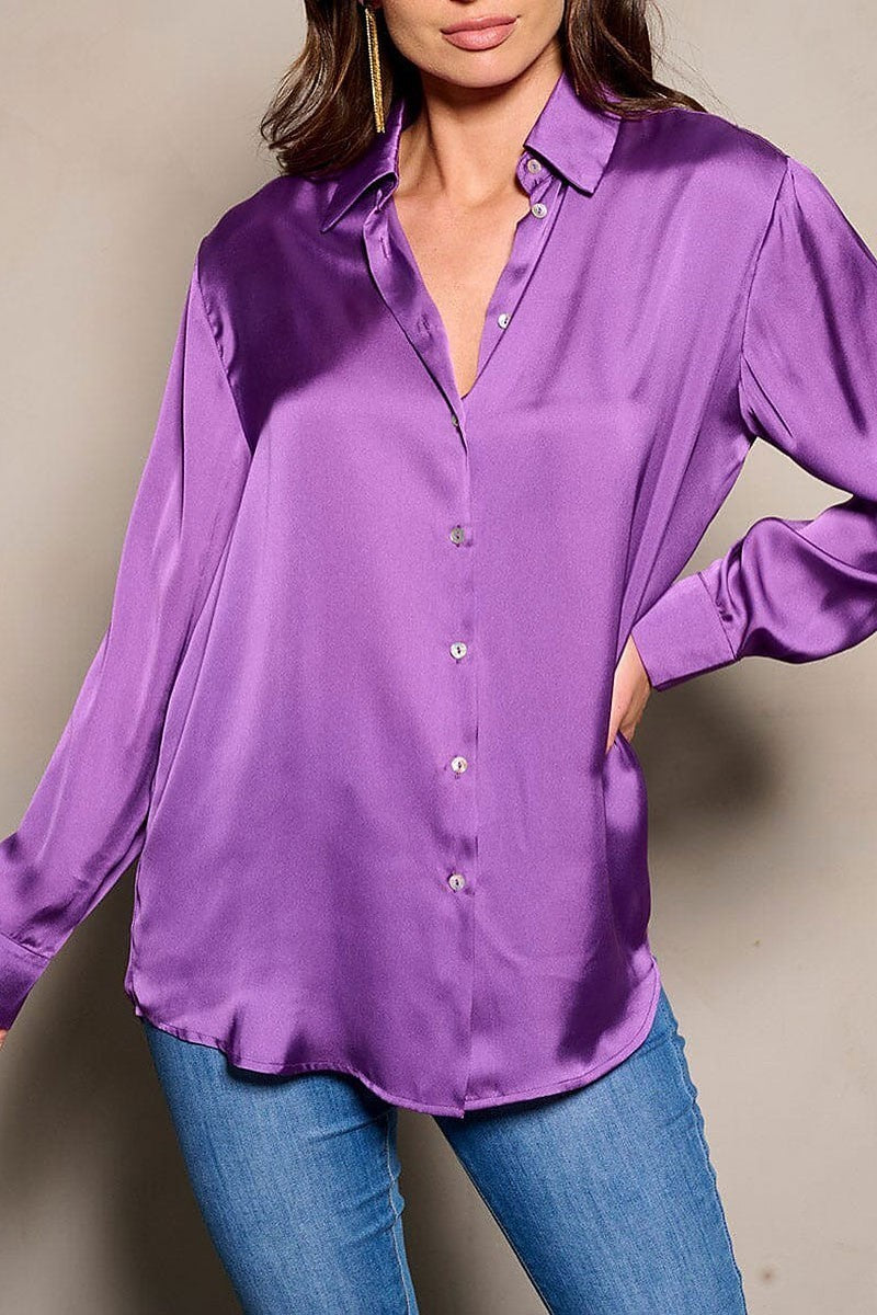 Long sleeve button closure satin blouse top (EGWT1451)