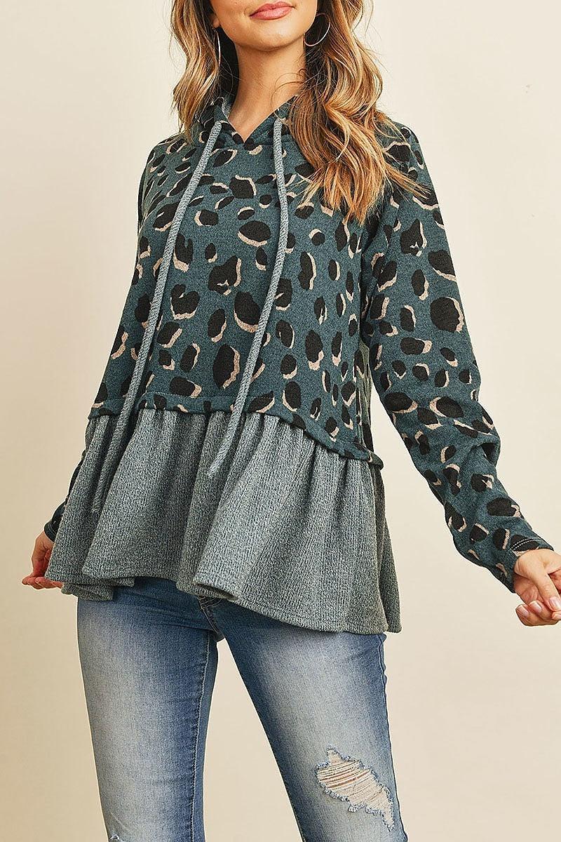 Leopard solid cinch ruffle hem hoodie with self tie (ED8321)