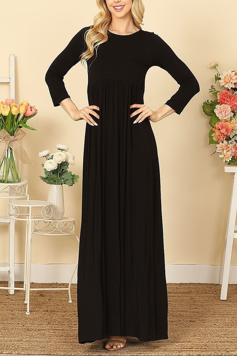 Quarter sleeve pleated waist solid maxi dress (DED9442)