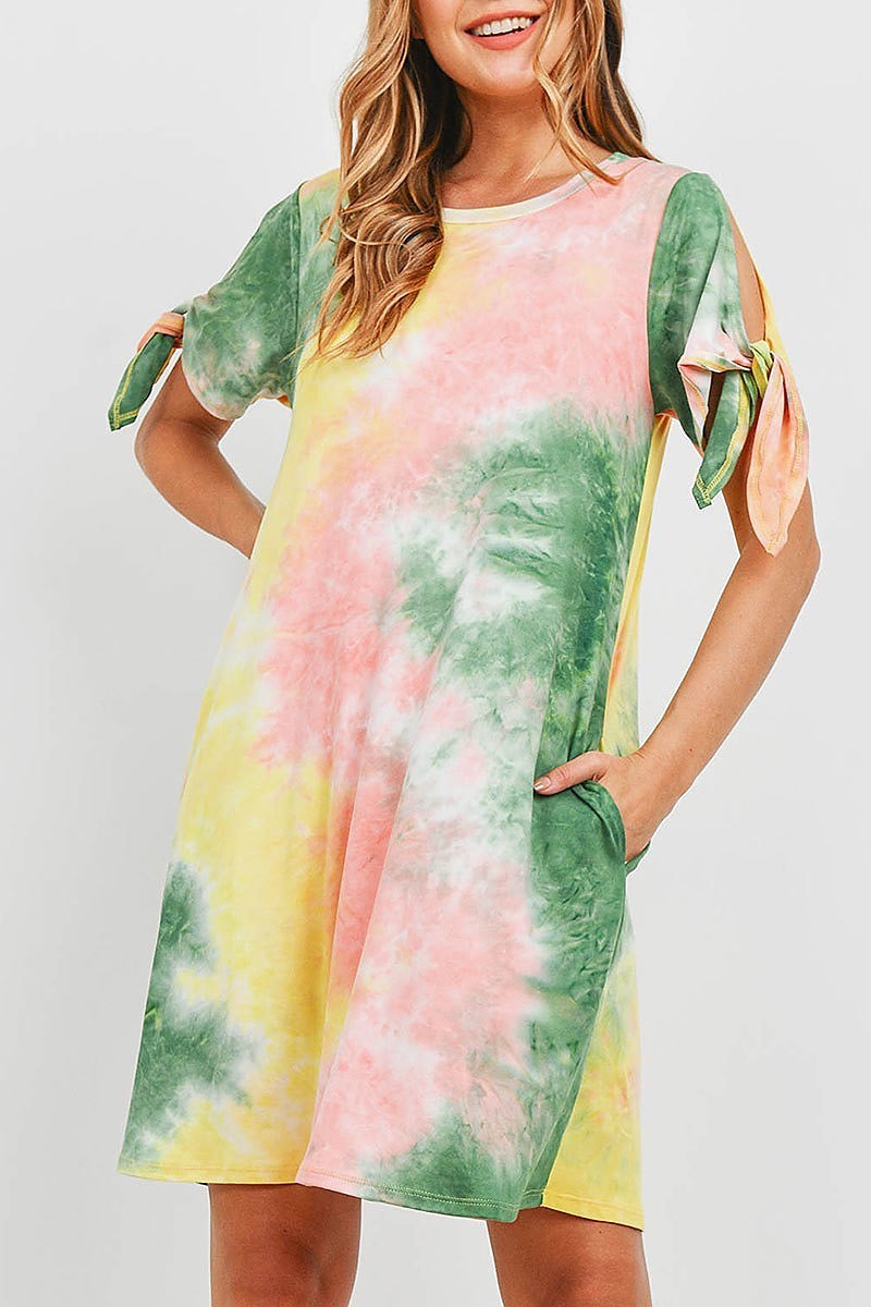 Tie sleeve round neck tie dye dress with inseam pocket (DED6587)