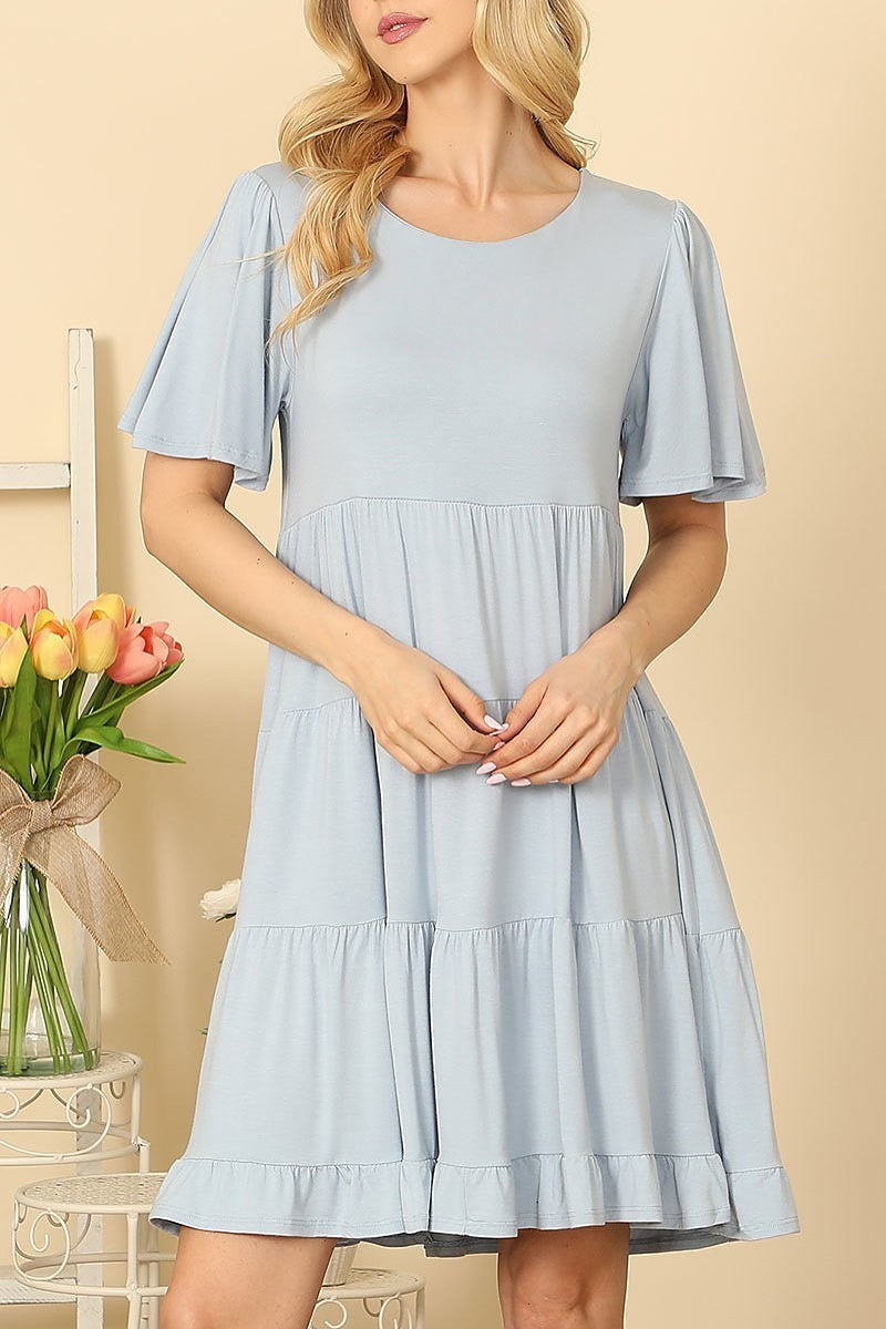 Ruffle short sleeve tiered solid dress (DED9451)