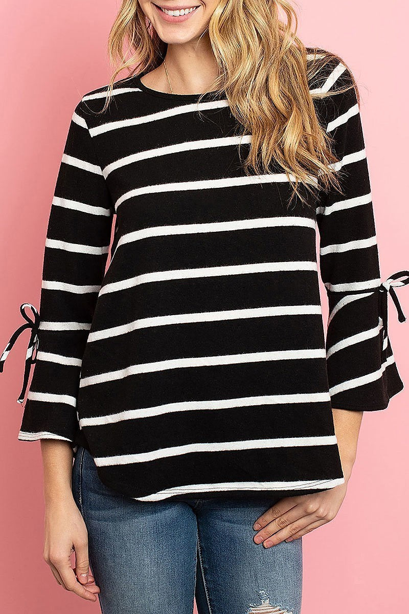 Bell sleeve ribbon detail stripe round hem top (ED8169)