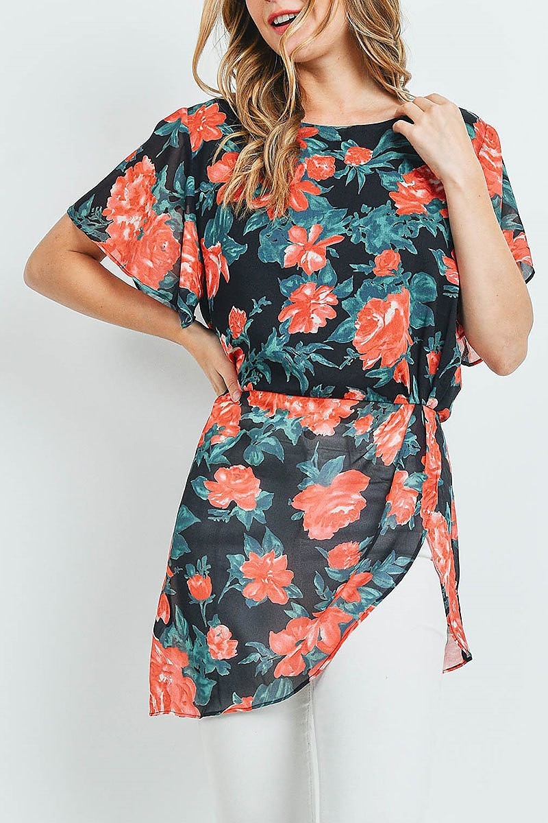 Flutter sleeve floral print pleated detail tunic top (ED9185)