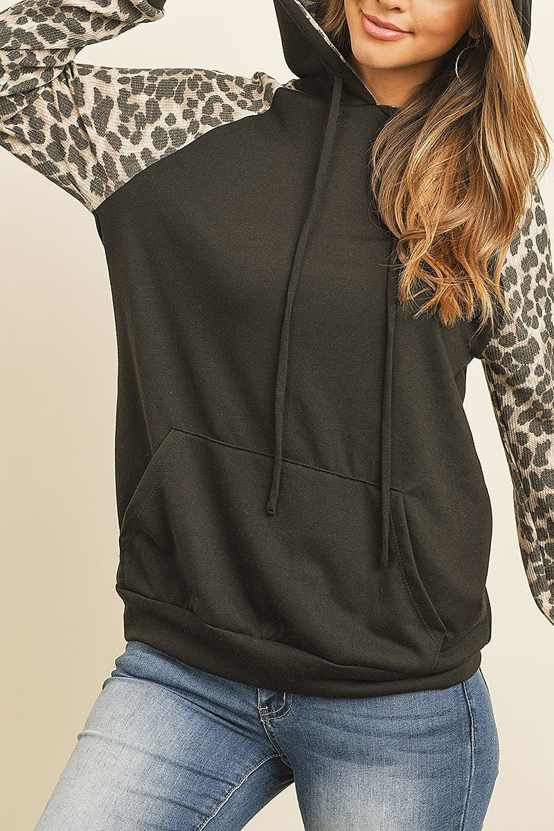 Leopard contrast kangaroo pocket hoodie with self tie (ED8349)