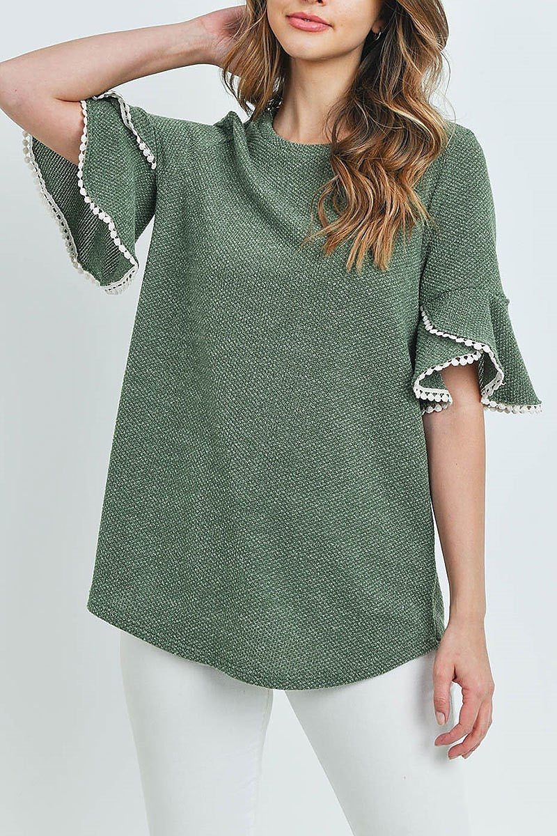 Lace detail bell sleeves round hem drake top (ED8614-1)