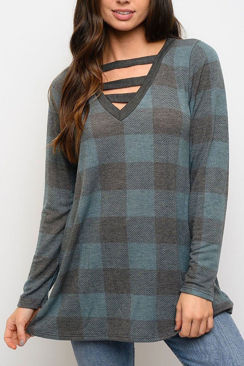 Tunic plaid print long sleeve top (EDWT3301)