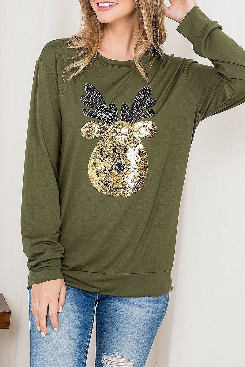 Sequin moose print long sleeve top (EF2700)