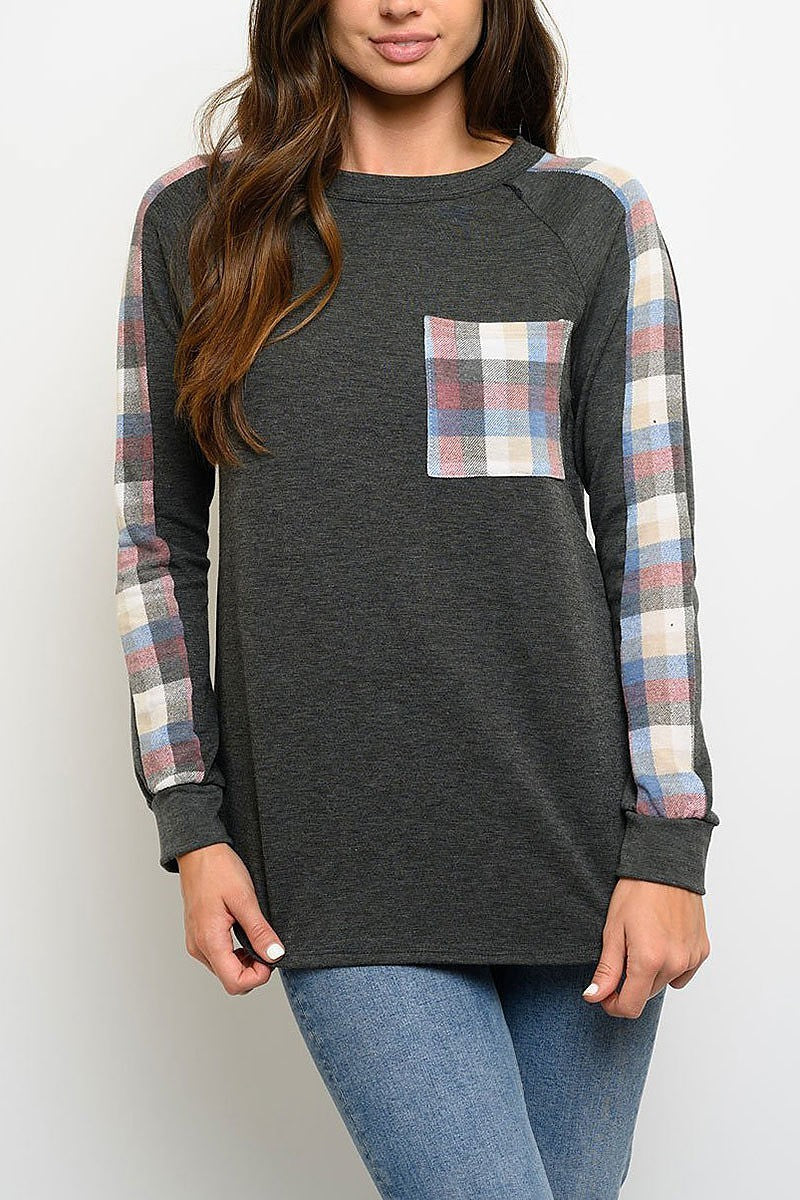 Plaid long sleeve front pocket top (EDWT3177)