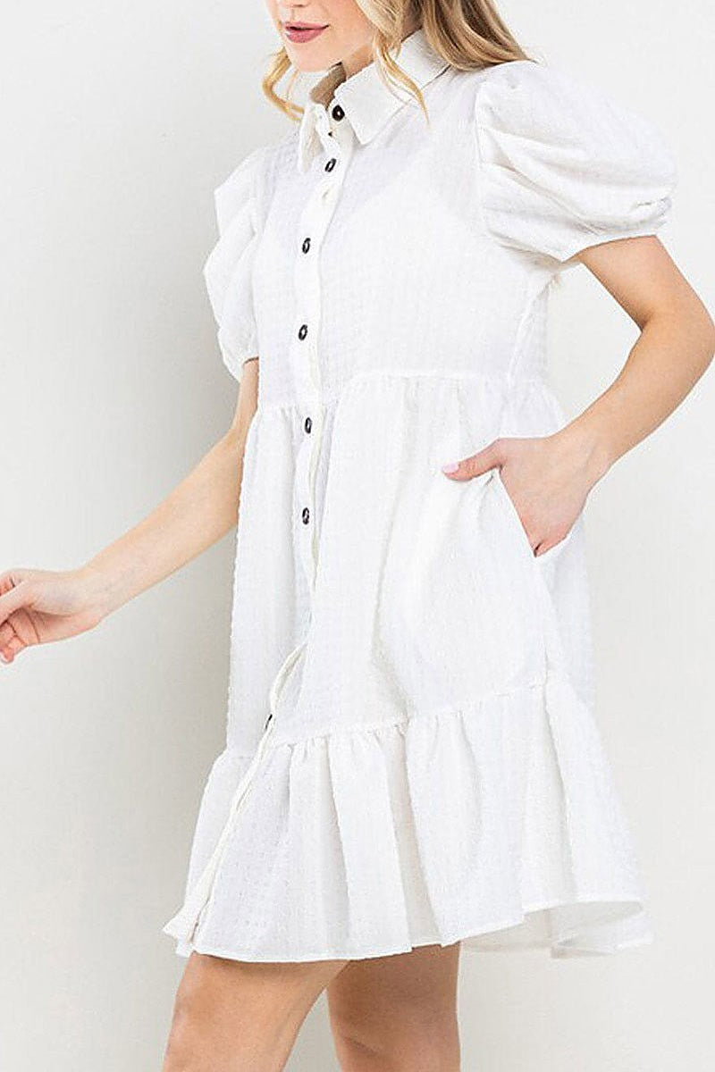 Puff sleeves button up pockets tiered mini dress (EFWT5709)