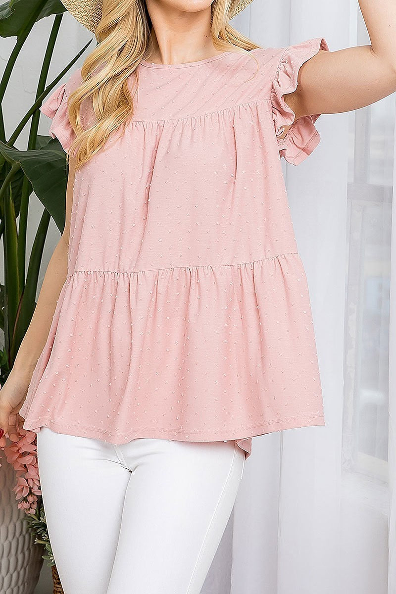 Swiss dot ruffle cap sleeve loose fit blouse top (EF5165)