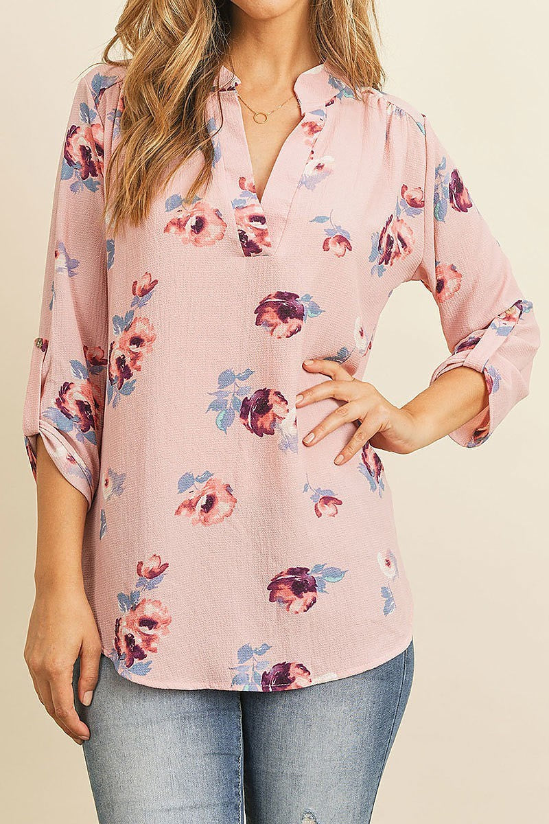 Roll up sleeve floral print v neck top (ED8085)