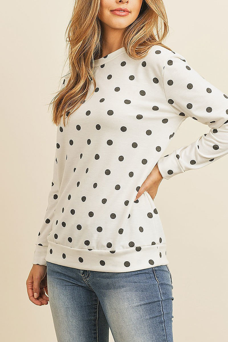 Fleeced polka dot print long sleeved pullover top (EF2654)