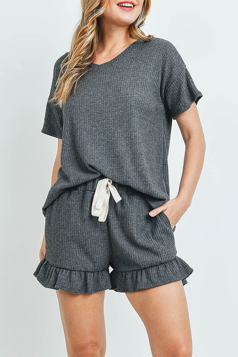 Waffle top and shorts set with self tie (ED9247)