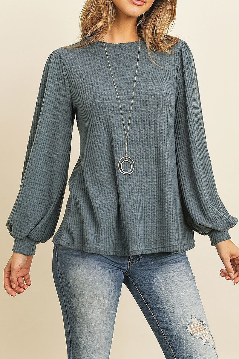 Long puff sleeve round neck waffle brushed loose fit top (ED8100-8)