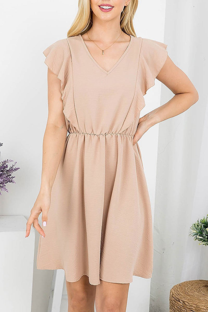 V neck ruffle sleeve a line dress (DED7826)