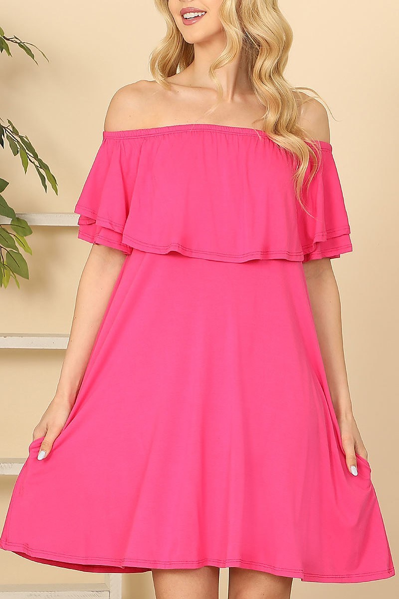 Ruffle off shoulder solid dress (DED9402)