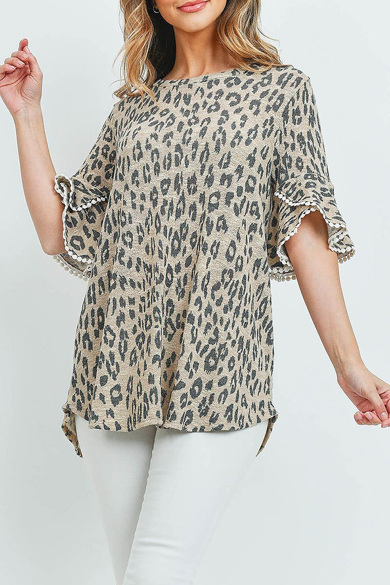 Lace detail bell sleeves leopard top (ED8809)