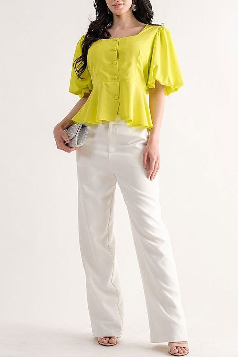 Short puff sleeve button up peplum blouse top (EFWT9690)