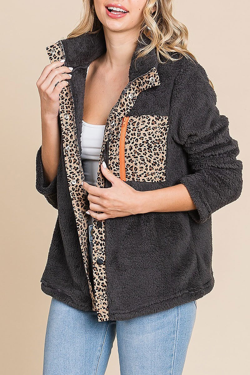 Faux fur buttoned down jacket with leopard placket (EDH1875-1)