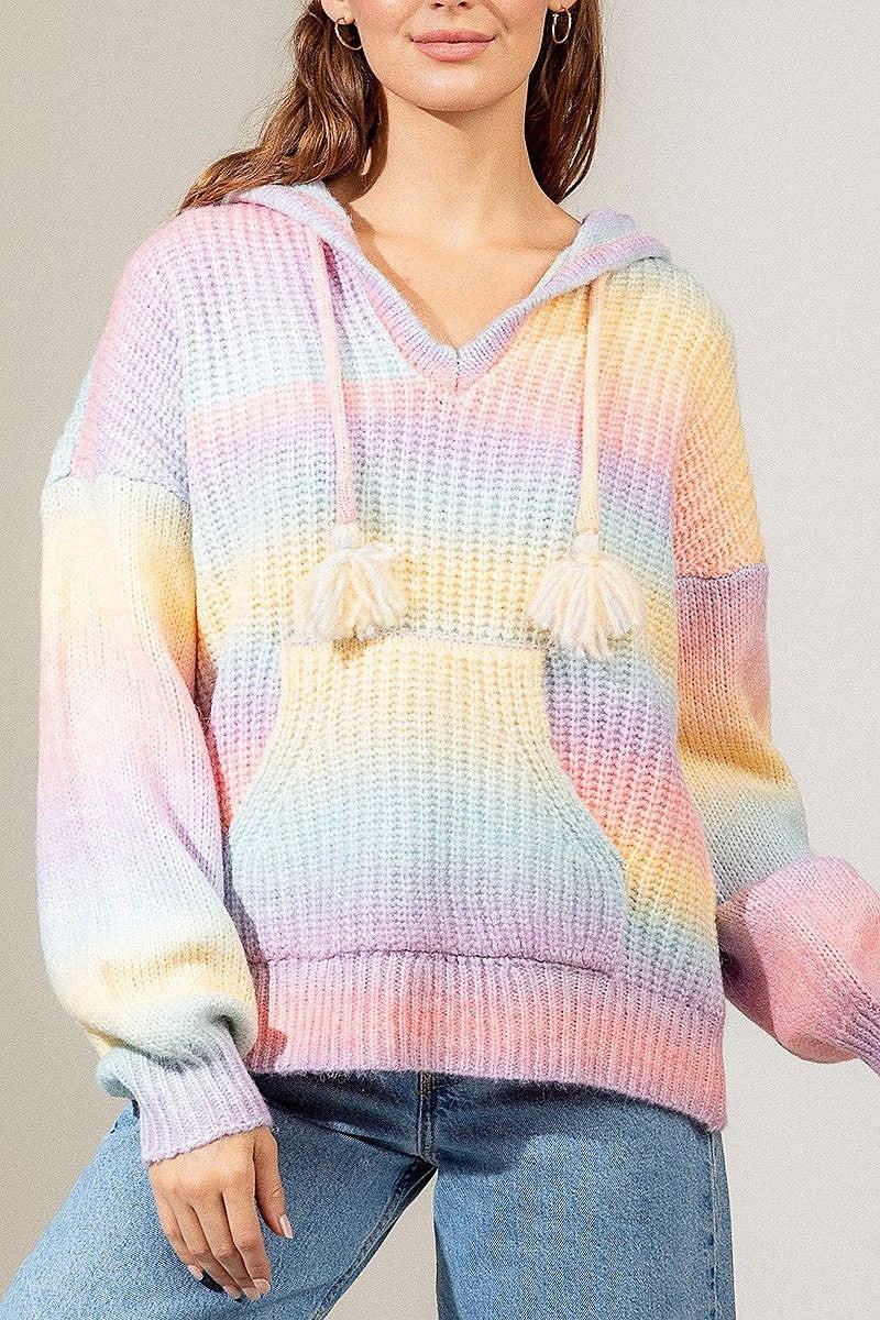 Front pocket detail ombre knit hoodie sweater (DGS5975)