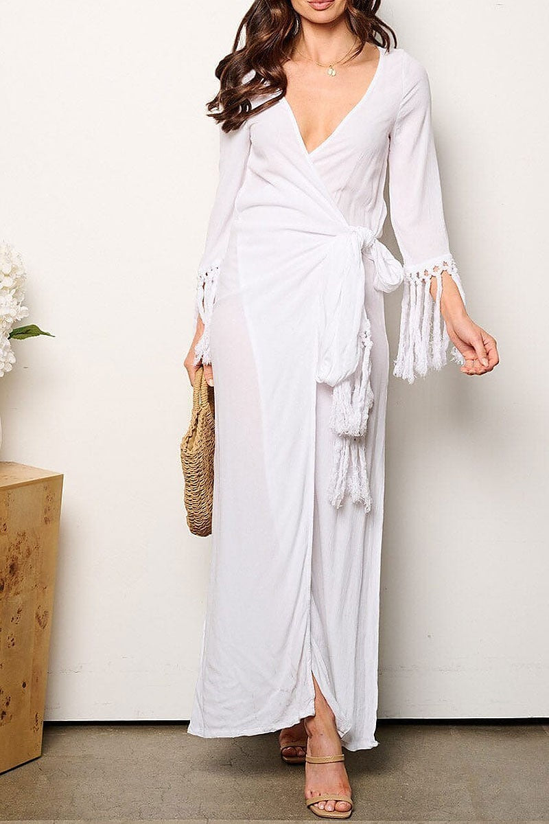 Long tassel sleeve v-neck wrap maxi dress (EGWT1030)