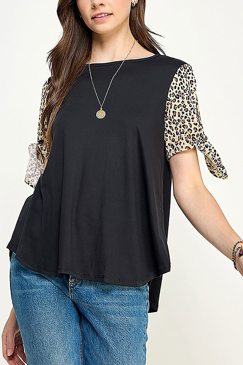 Contrast leopard tied sleeve solid knit top (XDG8172)