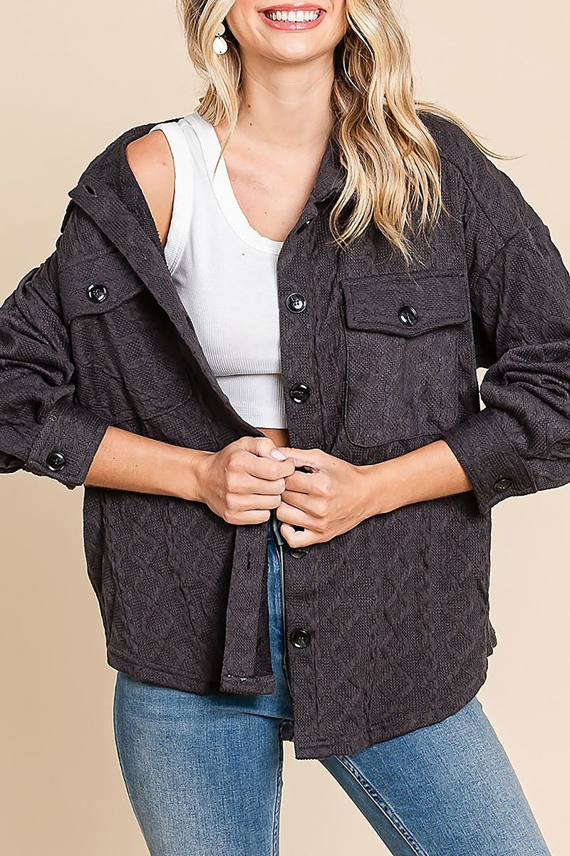 Textured cable knit collared shacket (EDH1775)