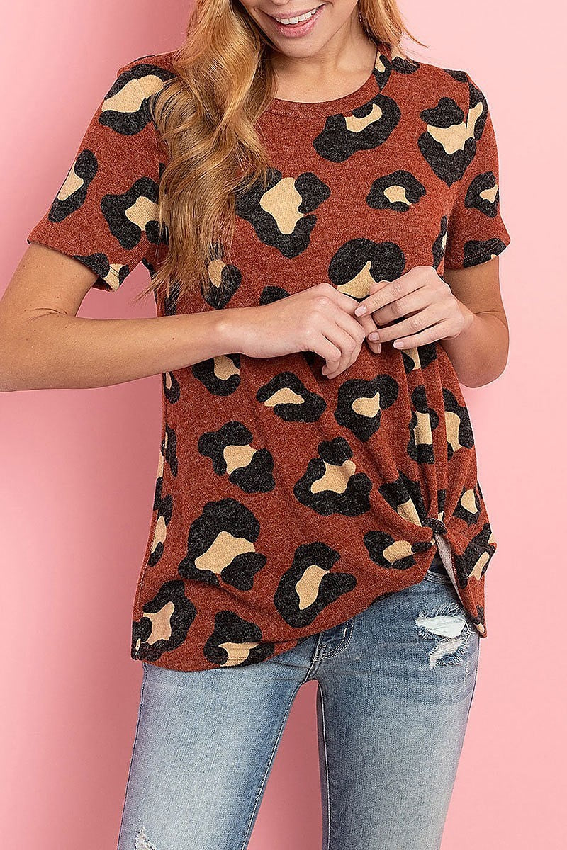 Leopard print short sleeves knot top (ED8540)