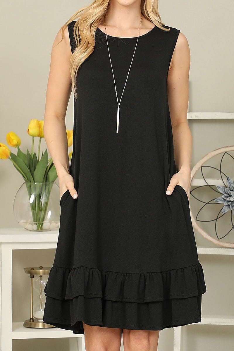 Solid sleeveless ruffled hem pocket dress (DED9052)