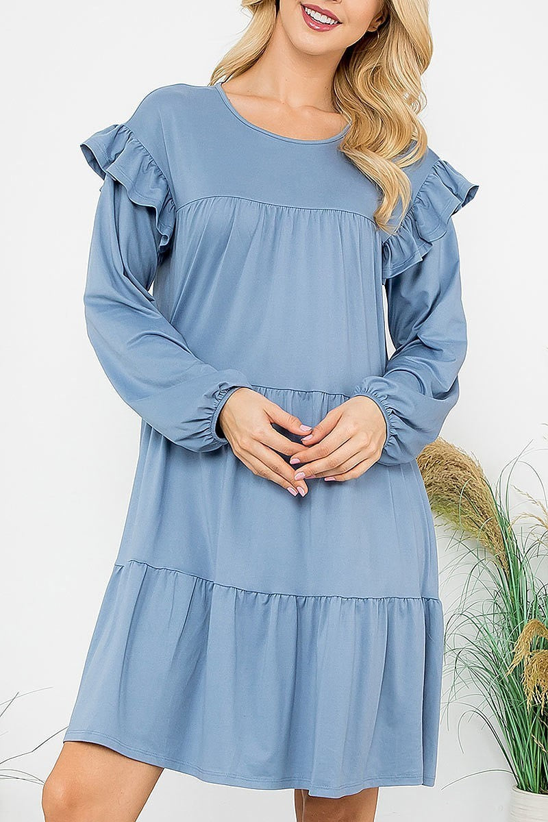 Long sleeve ruffle detail solid dress (DED8851)