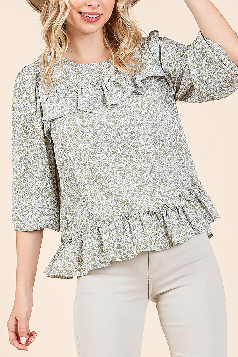 Floral printed long sleeve blouse with ruffle (EDH2176)