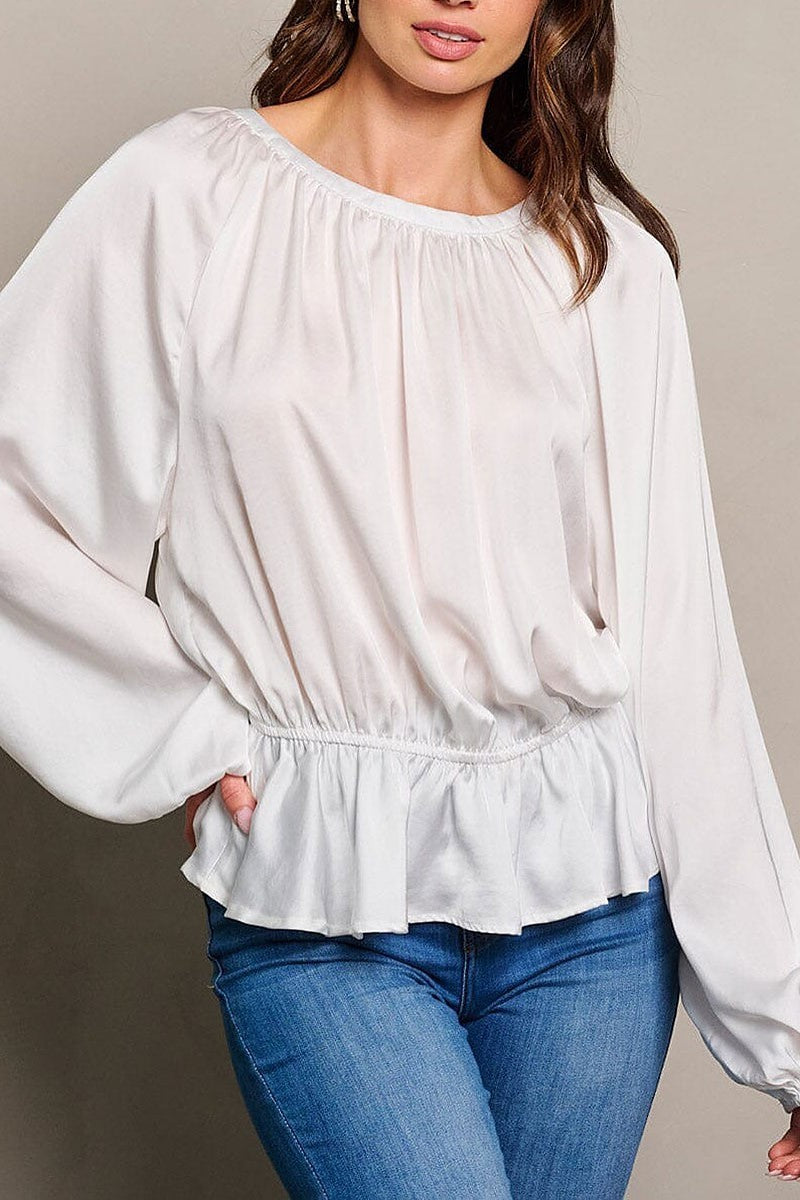 Long sleeve elastic waist peplum ruffle blouse top (EGWT1712)