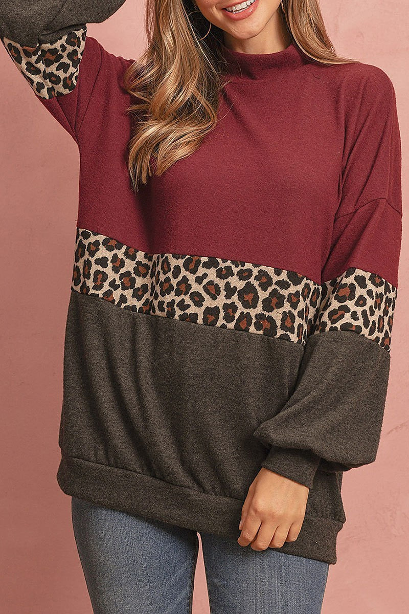 Long sleeve leopard contrast puff sleeve color (DGS4868-LAST)