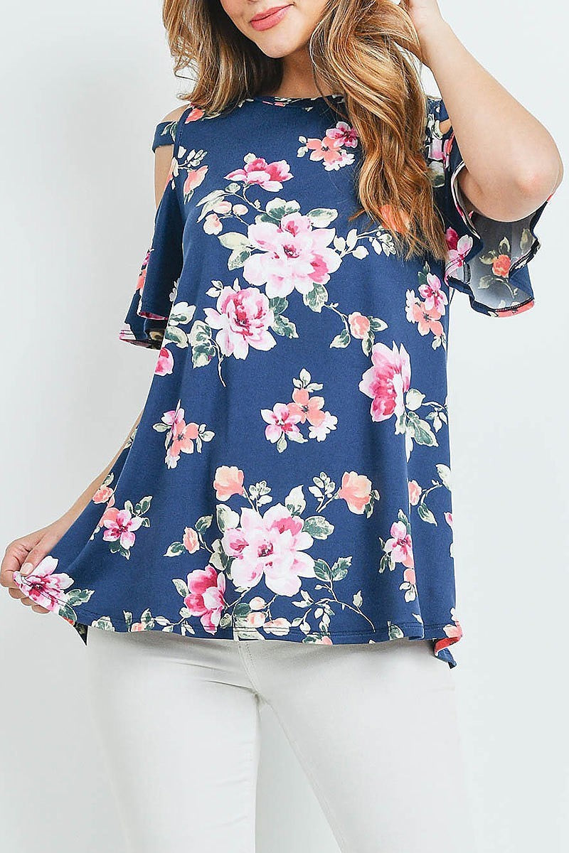 Floral print off shoulder flutter sleeve top (ED9164)