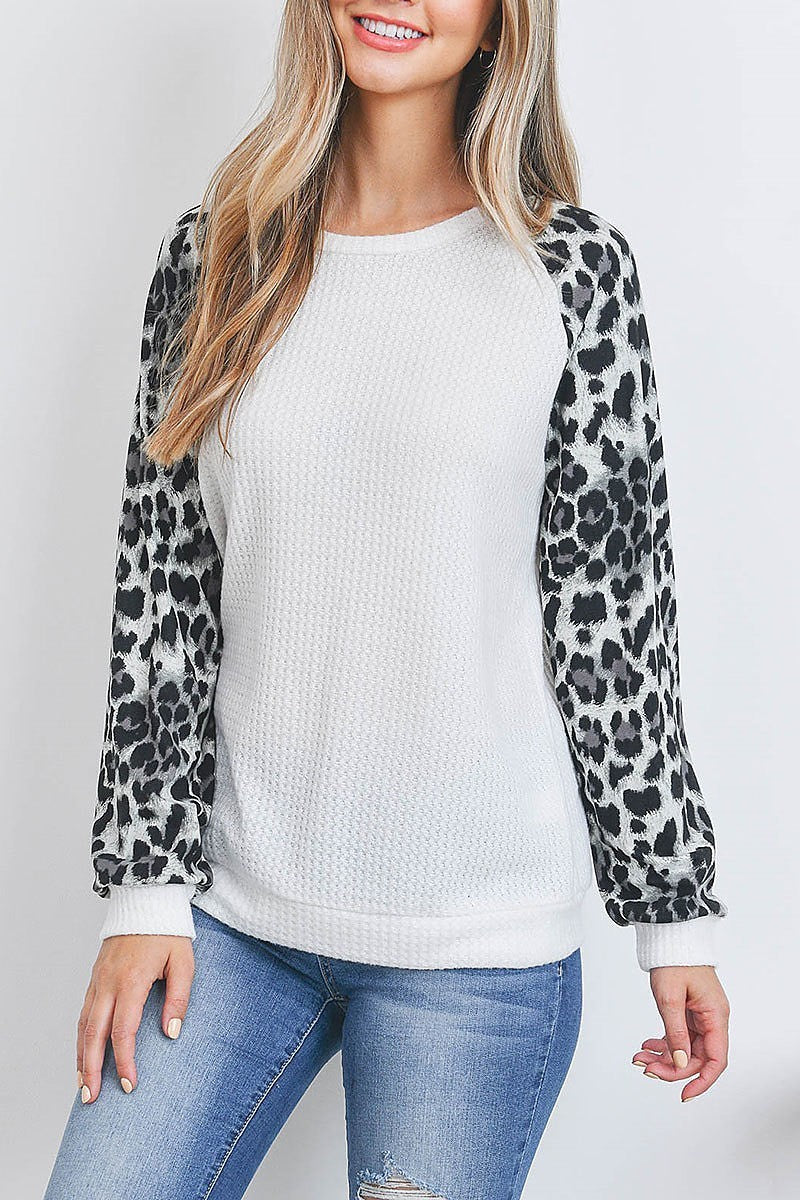 Leopard raglan sleeve knit waffle top (EF2695)